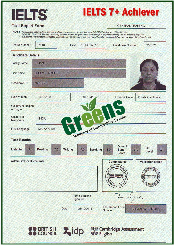 IELTS score card 2 | Greens Academy