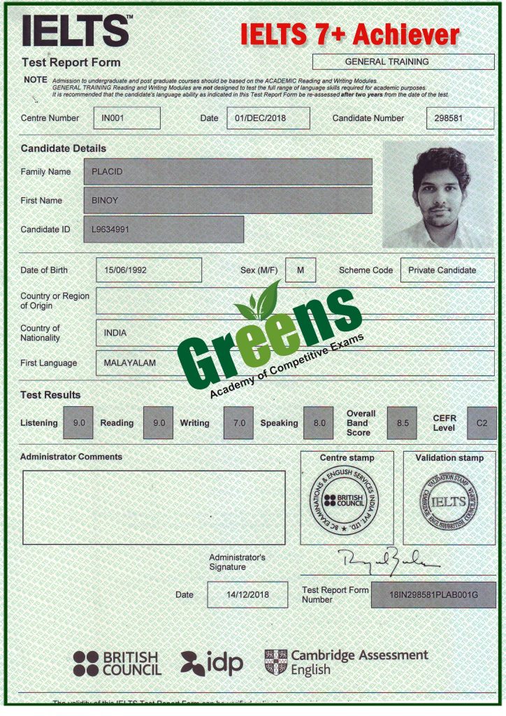 IELTS score card 2 | Greens Academy