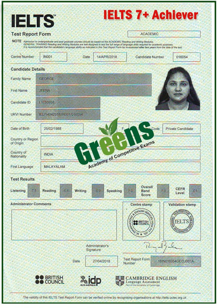 IELTS score card 3 - Greens Academy