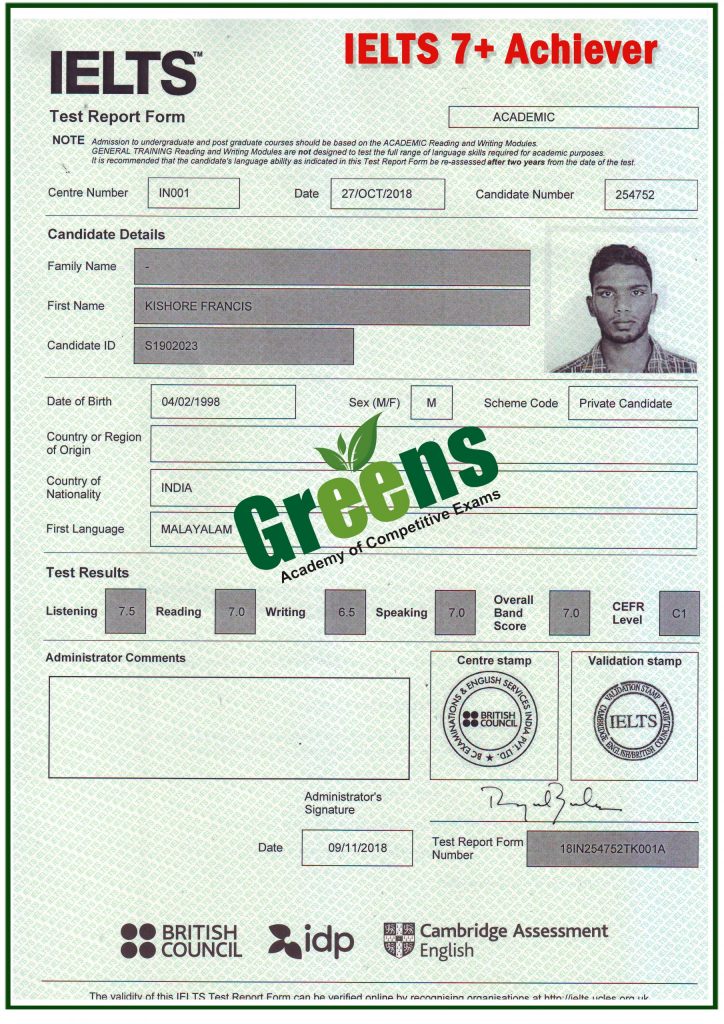 IELTS Score Card 4 - Greens Academy